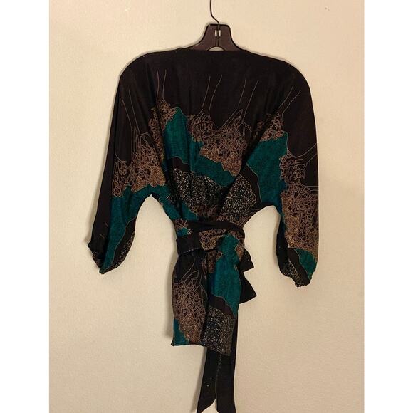 Maple Anthropologie Twilight Navy Aqua Abstract Silk Wrap Blouse ~ Sz 6 ~ Deco - Picture 5 of 8